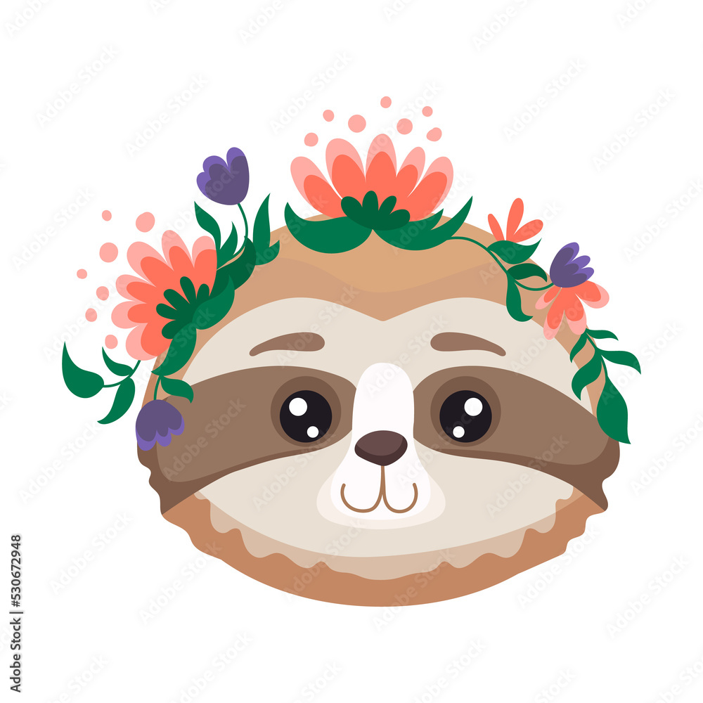 Cute animal face with flower crown for nursery design, birthday greeting cards, baby shower posters or print textile. Dog, horse, alpaca, koala, cat, fox, bear, rabbit, Lion panda tiger sloth 