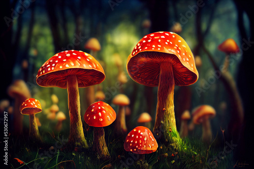 AI generated red mushrooms illustration on the forest