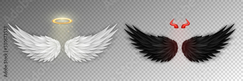 3D white angel wings with golden nimbus, halo and black devil wings with red daemon horns isolated on transparent background. Realistic festival, carnival costume. Fantasy, religion concept.