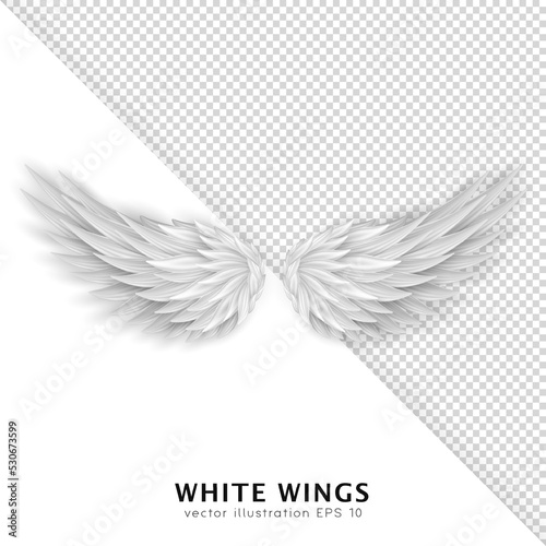 Three dimensional white angel wings. Masquerade, festival, carnival costume. Realistic bird wings isolated on transparent background. Freedom, spiritual concept. Vector illustrator EPS 10