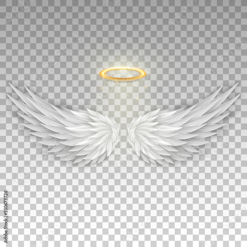 Foto Three dimensional angel white wings and shiny nimbus
