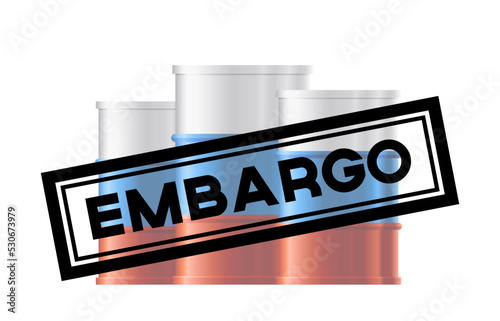 Metal oil barrel with colors Russian flag and word embargo stamp sign for import vector illustration.
