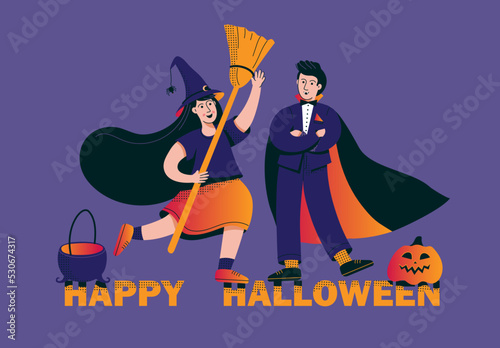 Girl in witch costume and boy in halloween dracula costume. Cute witch with broom and halloween vampire. Happy halloween baner, card, poster. Vector illustration