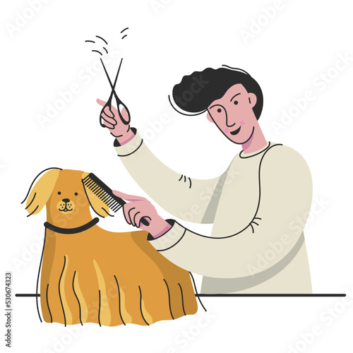 Man cutting dog. Pet grooming concept. Hairdresser for animal. Vector illustration