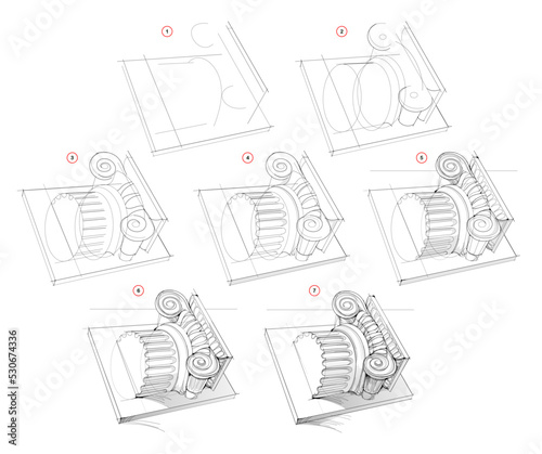 Page shows how to learn to draw sketch of Ionic column. Creation step by step pencil drawing. Educational page for artists. Textbook for developing artistic skills. Online education. Vector image.