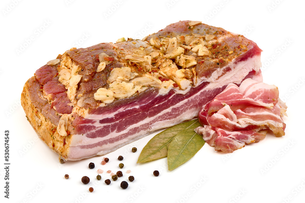 Smoked pork bacon with garlic and spices, isolated on white background.