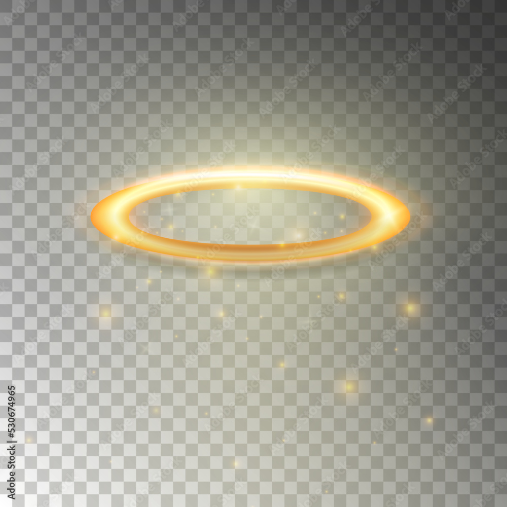 Three dimensional shiny golden nimbus isolated on transparent background. Glossy realistic halo, angel ring, Saint aureole symbol. Vector illustration EPS 10