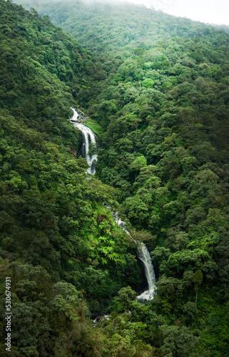 waterfall in the mountains surrounded by forest 