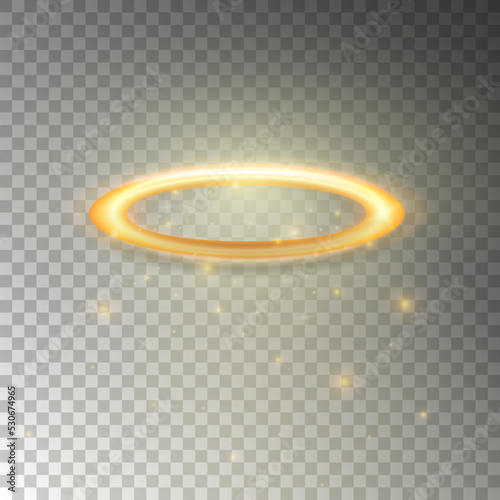 Three dimensional shiny golden nimbus isolated on transparent background. Glossy realistic halo, angel ring, Saint aureole symbol. Vector illustration EPS 10