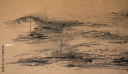 Abstract art. Closeup view of a modern expressive painting with strong black lines and stains, drawn in manila paper.