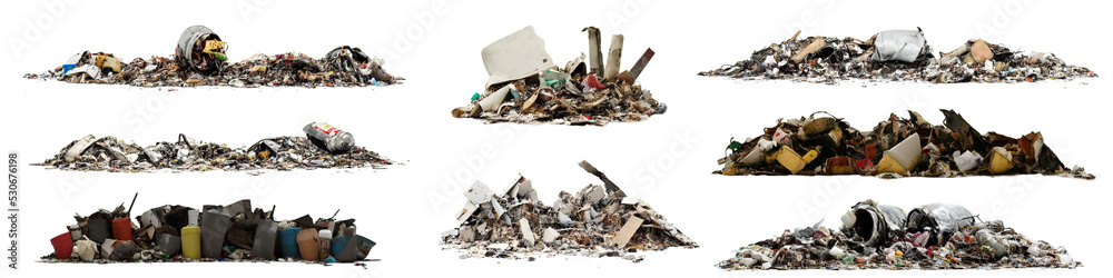 pile of trash, garbage heap isolated on white background - obrazy, fototapety, plakaty 