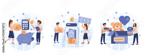Characters donating money for charity, collecting gold coins in piggy bank, putting clothes and food in donation box. Charity support and saving money concept. Flat cartoon vector illustration.