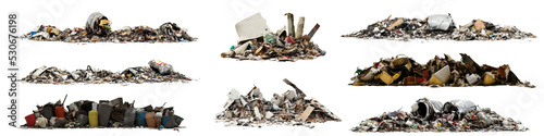 pile of trash, garbage heap isolated on white background photo