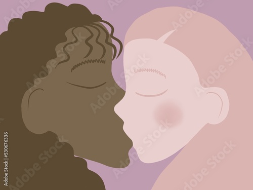 illustration, a gentle kiss of two lesbian girls of African and European appearance in love, with closed eyes, on a pink background