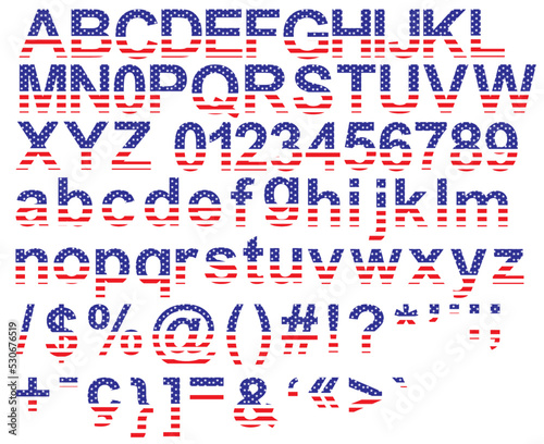 Uppercase and lowercase alphabet, numbers, symbols and signs with american flag texture on white background. Vector illustration. USA flag patriotic font.