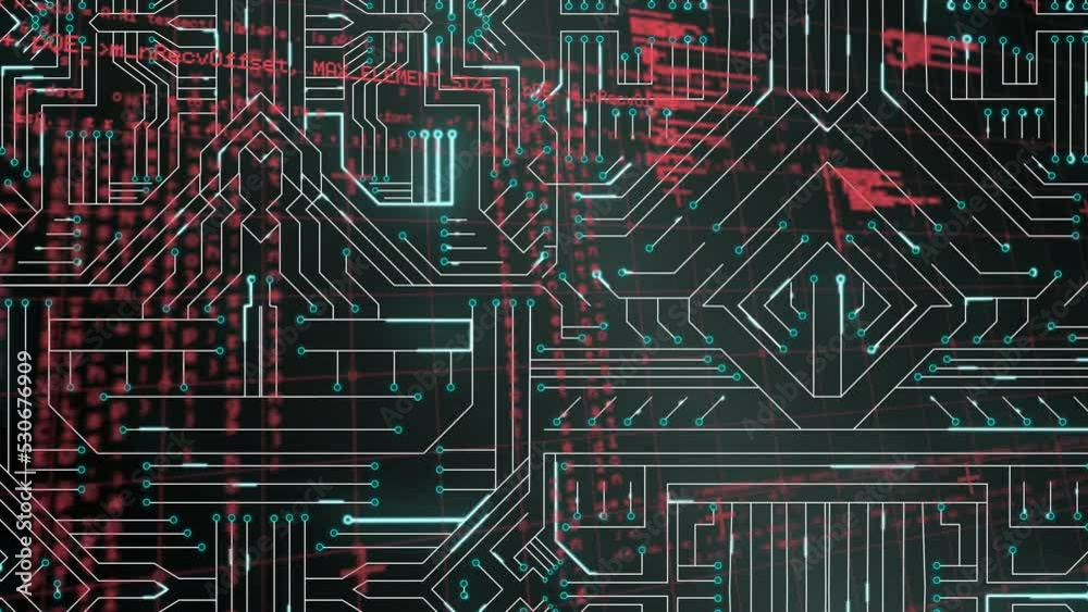Animation of computer circuit board over data processing on black background Animation of computer circuit board over data processing on black background