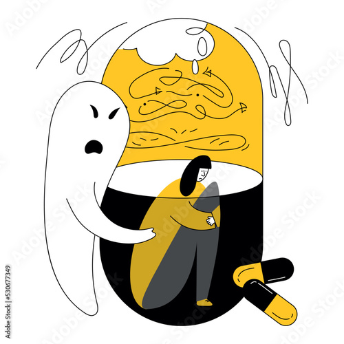Person inside pill, have PTSD, OCD symptoms, intrusive thoughts, fear, neurosis and panic attack. Vector illustration syndrome obsessive compulsive disordeyr, post traumatic stress.