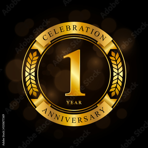 1 Year Anniversary celebration template design, with shiny ring and gold ribbon, laurel wreath isolated on black background, logo vector