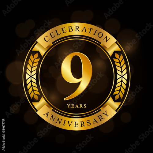 9 Year Anniversary celebration template design, with shiny ring and gold ribbon, laurel wreath isolated on black background, logo vector