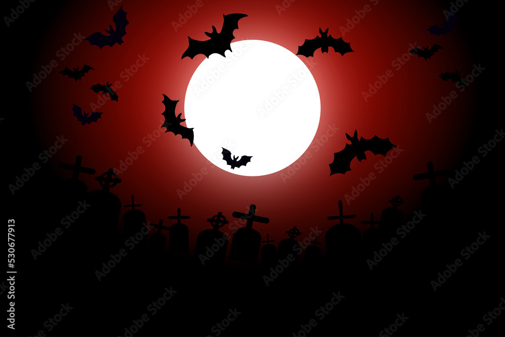 full moon landscape with silhouettes of graves and flying bats	