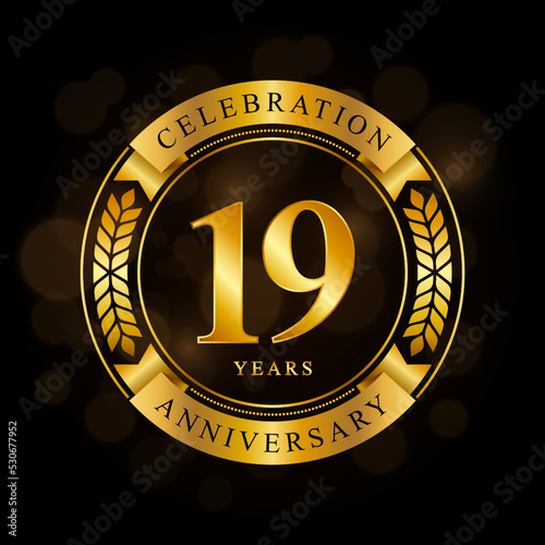 19 Year Anniversary celebration template design, with shiny ring and gold ribbon, laurel wreath isolated on black background, logo vector