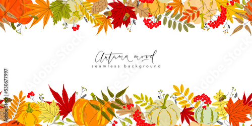 Falling autumn leaves, berries, seeds, cone and acorns seamless border pattern with copy space. Vector illustration. Background for headers, cards, covers, wallpapers, promo materials.