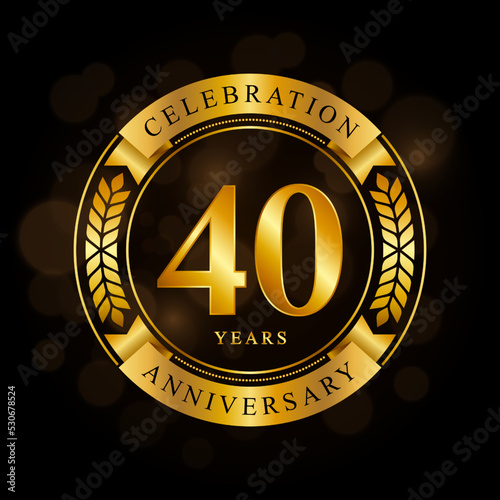 40 Year Anniversary celebration template design, with shiny ring and gold ribbon, laurel wreath isolated on black background, logo vector