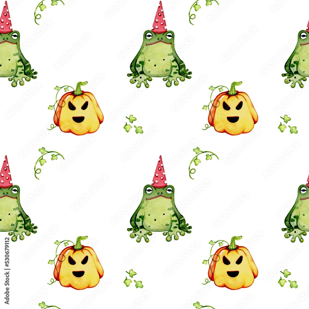 Obraz premium Halloween. Watercolor seamless pattern with hand drawn plant, frog, pumpkin. Creative for fabric, packaging, textile, wallpaper, paper or background