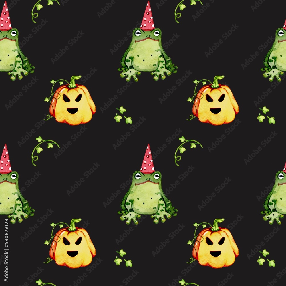 Naklejka premium Halloween. Watercolor seamless pattern with hand drawn plant, frog, pumpkin. Creative for fabric, packaging, textile, wallpaper, paper or background