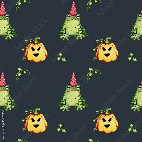 Halloween. Watercolor seamless pattern with hand drawn plant, frog, pumpkin. Creative for fabric, packaging, textile, wallpaper, paper or background