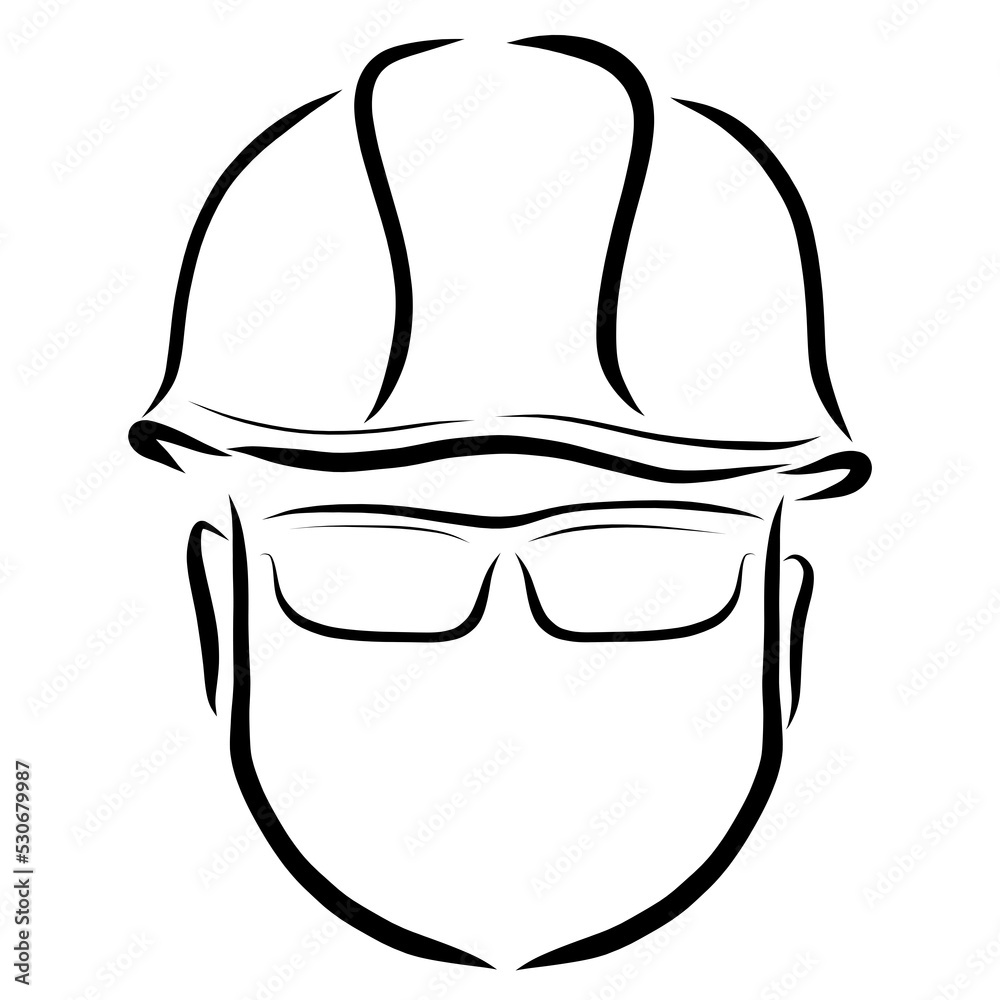 head of a man in a protective helmet and goggles, black outline on a white background head of a man in a protective helmet and goggles, black outline on a white background