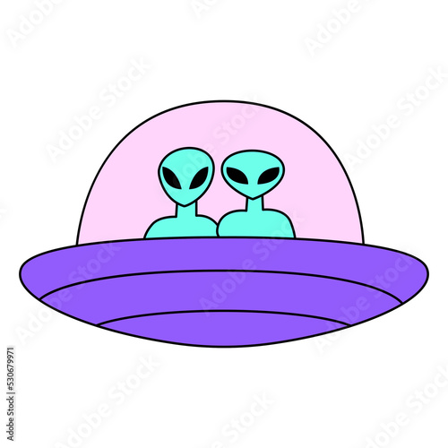 Alien ship with couple of cute aliens. Vector illustration on isolated background. 