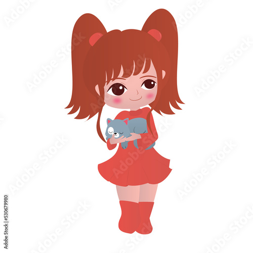 Illustration of girl with cat in her arms and orange dress for graphic resource