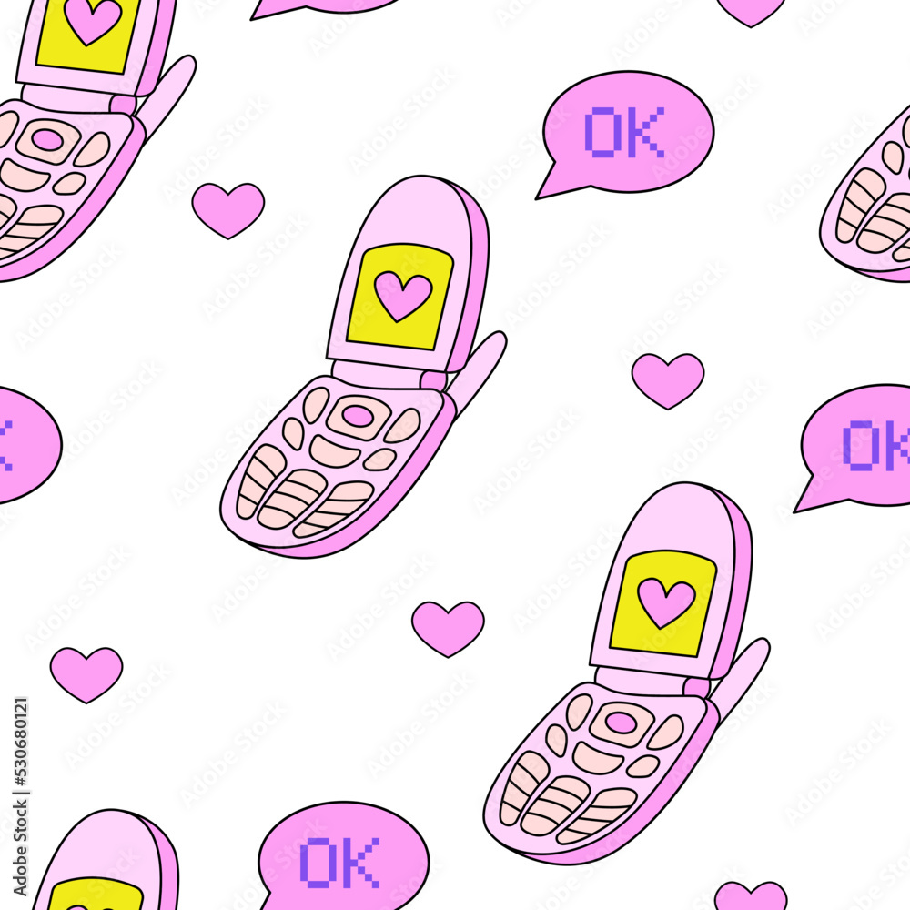 Seamless pattern with retro flip phone and cute hearts in retrowave