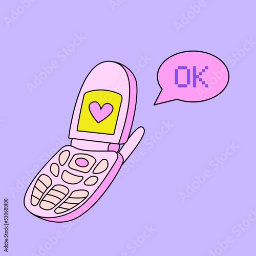Cute retro clamshell phone in retrowave aesthetic. Bubble with pixel word okay. Vector nostalgic illustration in y2k, 00s, 90s concept on isolated background
