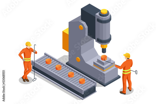 Worker controlling metal melting in furnaces. Isometric industrial steel production and metallurgy. Hot steel pouring in steel plant. Production of steel billets.