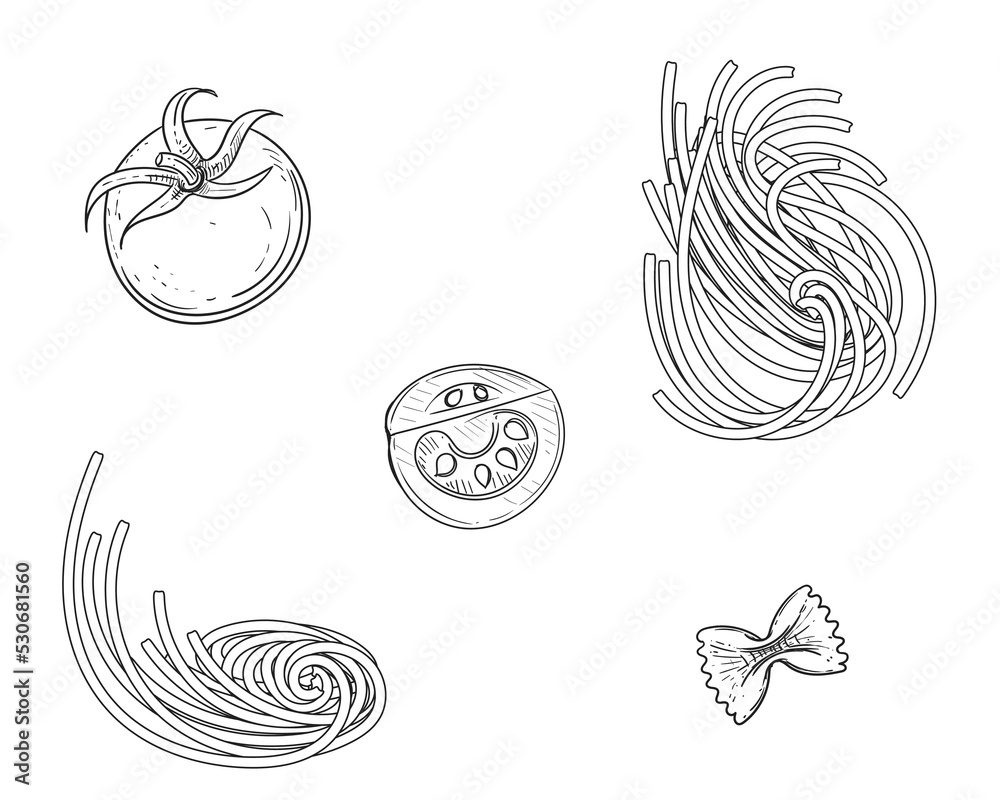 Hand drawn sketch black and white of pasta, spaghetti, tomato. Vector illustration. Elements in graphic style label, sticker, menu, package. Engraved style illustration.