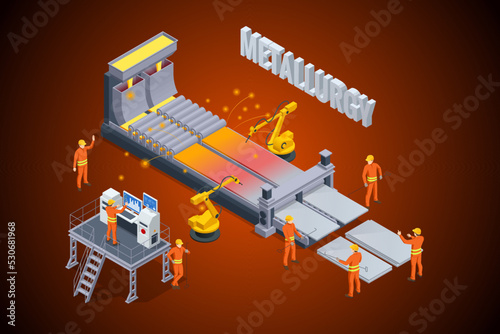 Worker controlling metal melting in furnaces. Isometric industrial steel production and metallurgy. Hot steel pouring in steel plant Continuous casting machine. Production of steel billets.