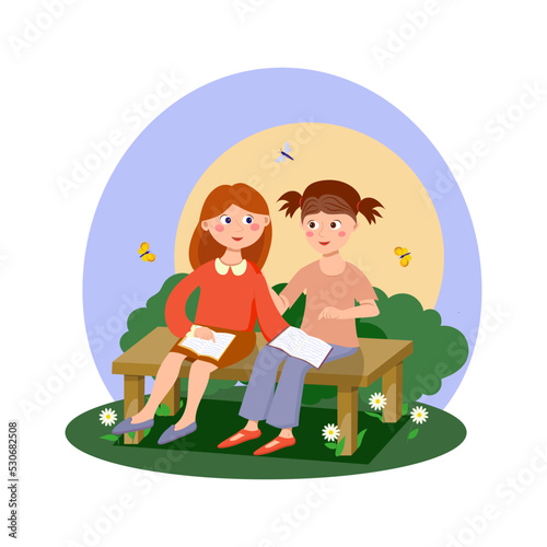 The girlfriend's girls are sitting on a bench with their books open and discussing them. Vector