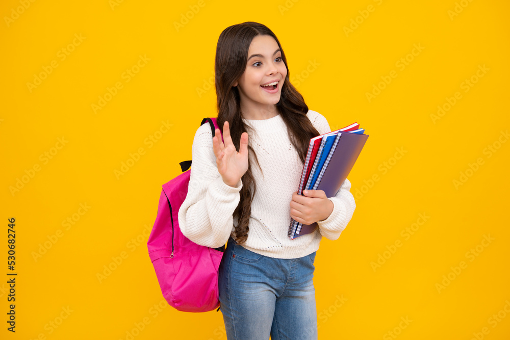 School teenager child girl with book and copybook. Teenager student, isolated background. Learning and knowledge. Go study. Education concept. Happy face, positive and smiling emotions School teenager child girl with book and copybook. Teenager student, isolated background. Learning and knowledge. Go study. Education concept. Happy face, positive and smiling emotions