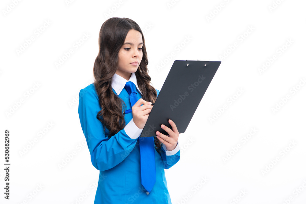 Portrait of smiling young teen girl looking at job list on clipboard on white background. Portrait of smiling young teen girl looking at job list on clipboard on white background.