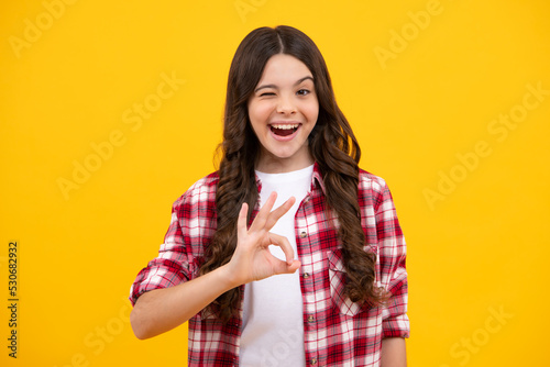 Okay. Funny teen child over yellow background doing ok gesture with hand smiling with happy face. Happy teenager, positive and smiling emotions of teen girl.