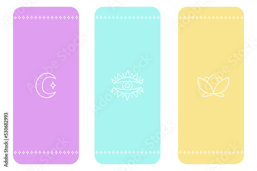 Set of three yoga mat designs. Soft colors with minimalistic zen elements. Camping or fitness carpet icon vector image