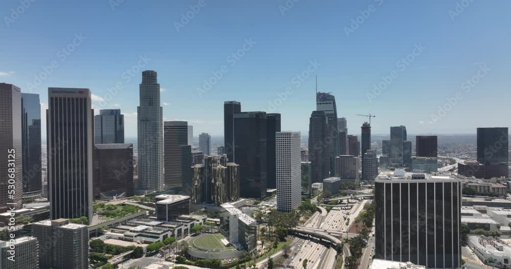 Skyscrapers of Los Angeles downtown, fly LA by drone, top aerial view. Los Angeles, CA, USA, June 1, 2022. Skyscrapers of Los Angeles downtown, fly LA by drone, top aerial view. Los Angeles, CA, USA, June 1, 2022.