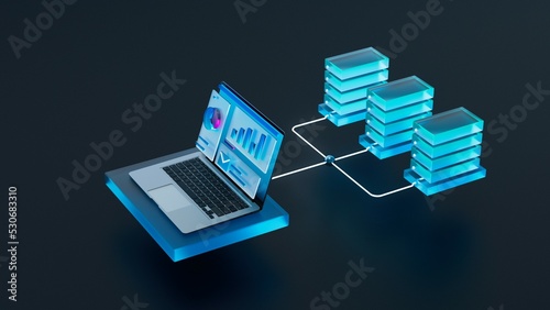 3D Isometric illustration: Laptop Computer Connected to Networks of Servers. Concept of Remote Management, Computing, Virtualization and Peer-to-Peer Solutiuons. Blue Background.