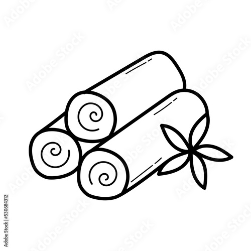 Three rolled hot towels isolated on white background. Spa, wellness element for design. Bathroom outline pictogram in doodle style