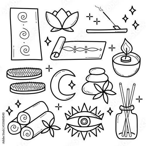 Vector set of spa and yoga icons. Sketch or doodle style on white. Outline, coloring page elements