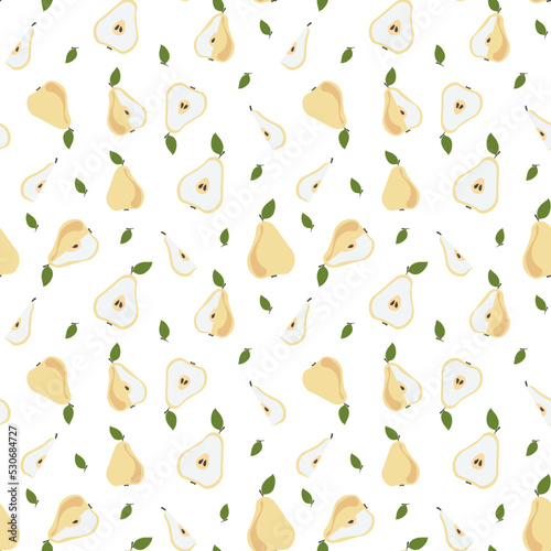 Seamless pear pattern. Simple vector background with ripe yellow pears.
Vector illustration on the theme of food. For packaging, decoration, clothing, fabric.