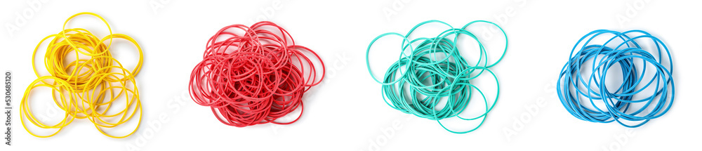 Set of colorful rubber bands isolated on white, top view Set of colorful rubber bands isolated on white, top view