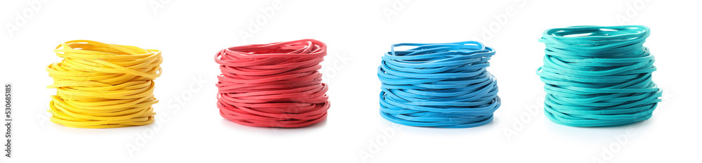 Set of colorful stacked rubber bands isolated on white Set of colorful stacked rubber bands isolated on white